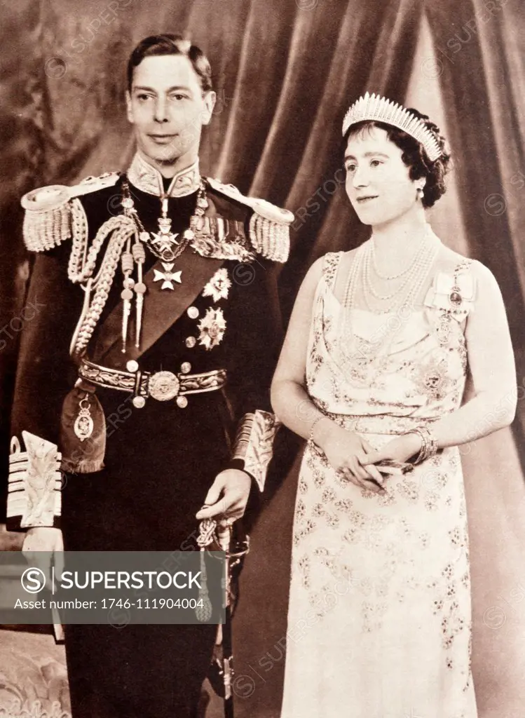 Portrait of King George VI and Queen Elizabeth of England, in formal coronation robes.