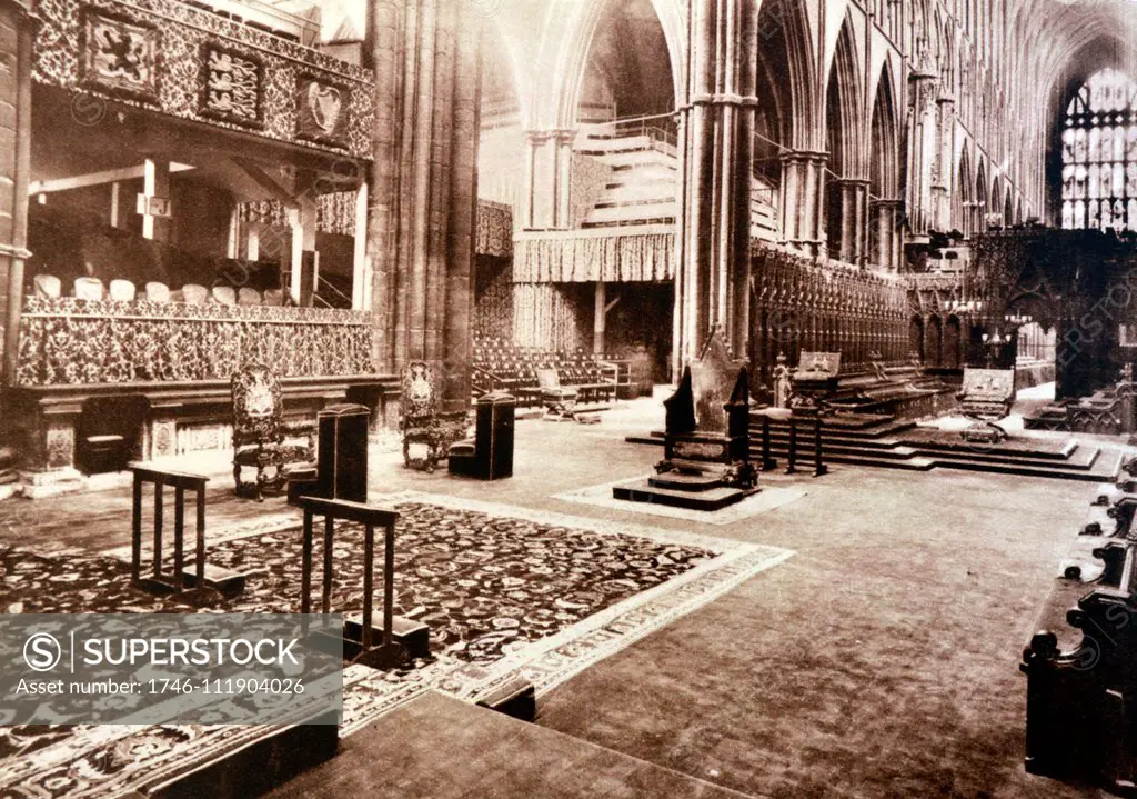 Westminster Abbey, London. Image shows the throne set in the centre of the abbey, preparation for George VI coronation.