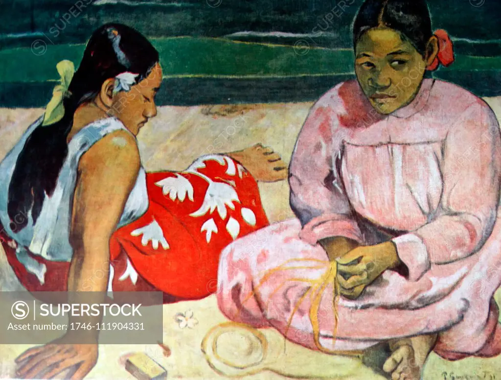 Painting titled 'Two Young Thahiti Women' depicts two young Tahiti women sat on the beach. Dated 1891
