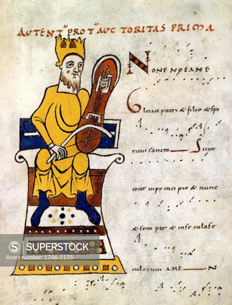 King David playing a 'lyre'. 10th-11th century manuscript of St Martial de Limoges.Probably a Rebec (Rebeck) 3-stringed instrument developed from Arab Rabab. B.N., Paris