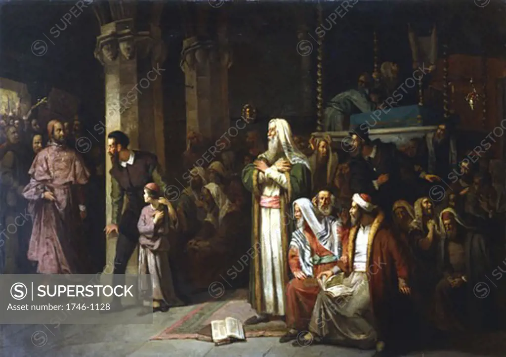 Service in the Synagogue during the reading from the Torah, interrupted by the entrance of an angry crowd led by a priest. Austrian school, 1868. Oil on canvas. Private collection
