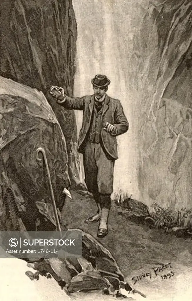 Watson, returning to the Reichenbach Falls, finds the Alpen-stock belonging to Sherlock Holmes, and his farewell note From "Adventure of the Final Problem" By Sir Arthur Conan Doyle, Published in Strand Magazine in 1893 Sidney Paget (1860-1908 English)