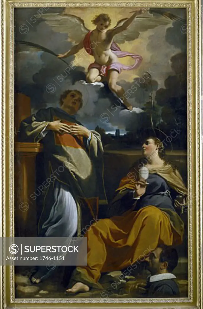 St. Etienne (St Stephen) and St. Agatha, Sicilian saint c250 holding silver cup containing her severed breasts. Angel brings martyr's palm leaves Carlo Bononi (1569-1632 Italian) Oil on canvas