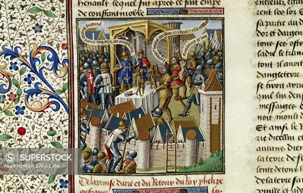 The Capture of Acre by the Crusaders. From his "Speculum Majus". 15th century manuscript. Vincent de Beauvais (c1190-1264) French Dominican encyclopaedist. Chantilly Library.