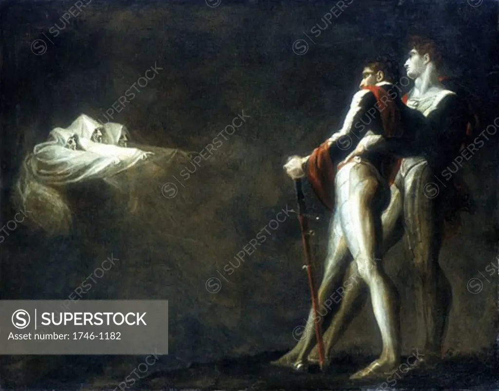 18Th Century, Adults Only, Art, Author, Banquo, Cane, Characters, Color Image, Five People, Fortune Telling, Full Length, Henry Fuseli, History, Horizontal, Illustration, Illustration And Painting, Literature, Macbeth, Men, Mystery, Mythology, Named Play, Night, Outdoors, Painted Image, Paintings, P