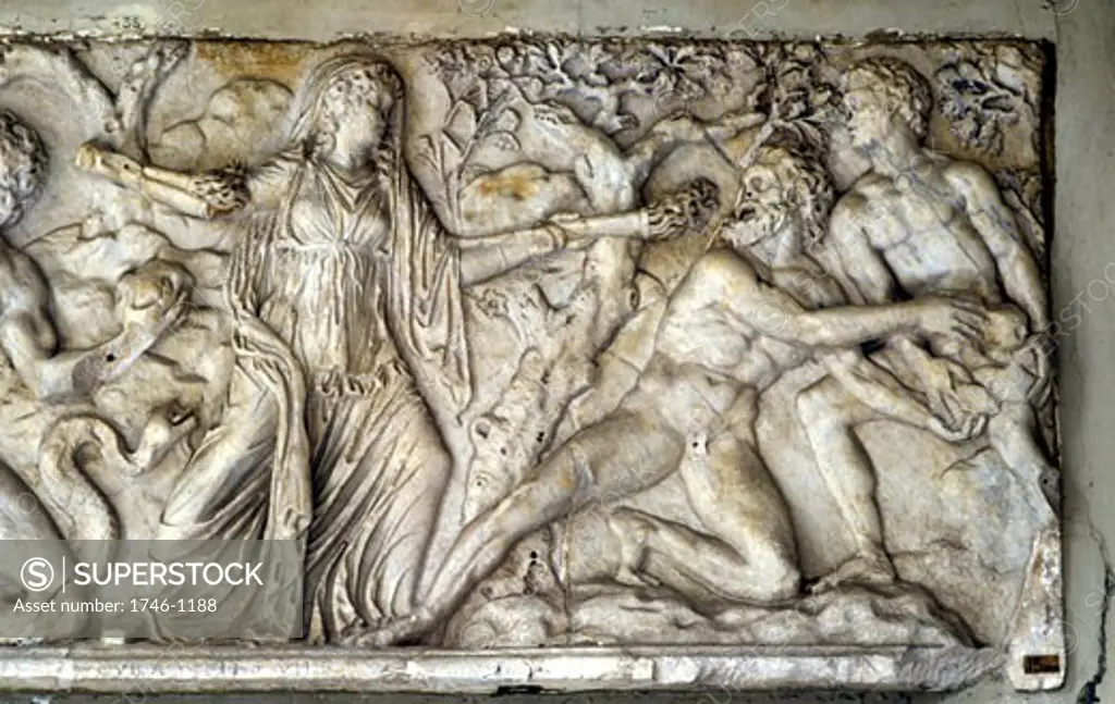 HECATE and Giants. Roman relief, after school of Pergamum. Hecate, triple goddess of lower world, magic, ghosts and witchcraft. Offerings of honey, dogs and black lambs made to her at crossroads. Vatican. Photo. A. Lorenzin