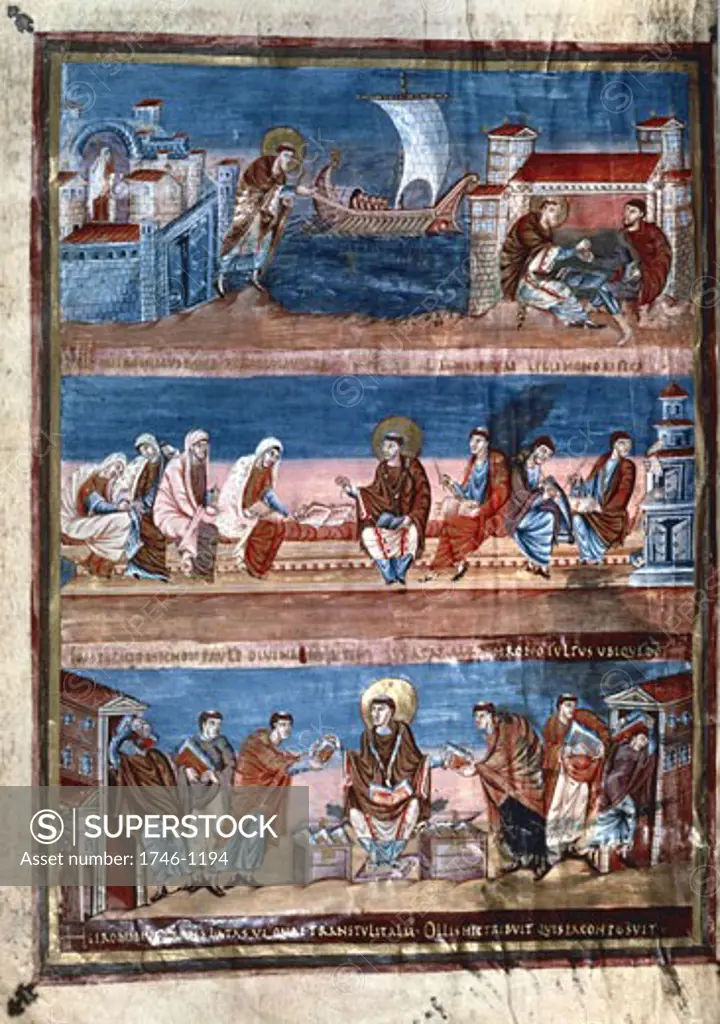 Life of St Jerome. Top; leaves Rome for Jerusalem. Mid; In discussion with Paul & Eustogine, behind Luke and 2 scribes.Bot; Distributes copies of translation to monks. 9th century manuscript. Bible of Charles the Bald (823-77) B.N. Paris