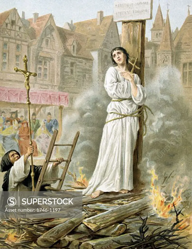 Joan of Arc (c1412-31) St Jeanne d'Arc, the Maid of Orleans, French patriot and martyr. Tried for heresy and sorcery and burnt at stake in market place at Rouen, 30 May 1431. 19th century chromolithograph