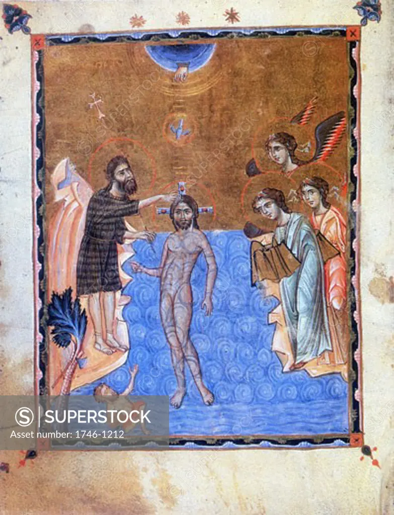 Baptism of Jesus by John the Baptist. Armenian mansucript of Gospel (1268).