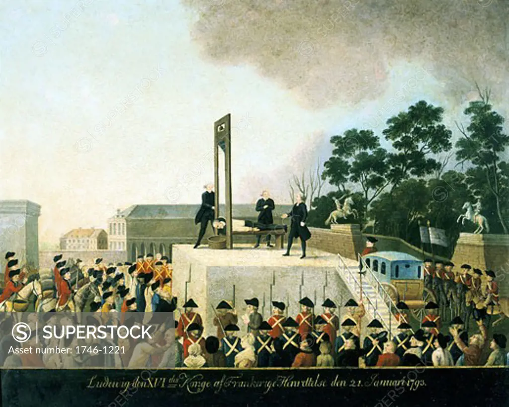 Execution by guillotine of Louis XVI of France, 21 January 1793. Louis lying bound on guillotine waiting for blade to fall and decapitate him. Basket ready to receive his head. Oil on copper. Carnavalet, Paris