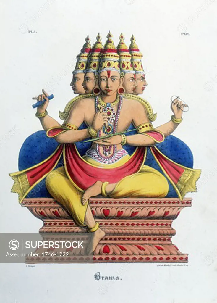 BRAHMA, first god of the Hindu trinity (trimurti), creator of the universe.  Lithograph from L'Inde Francaise, 1828