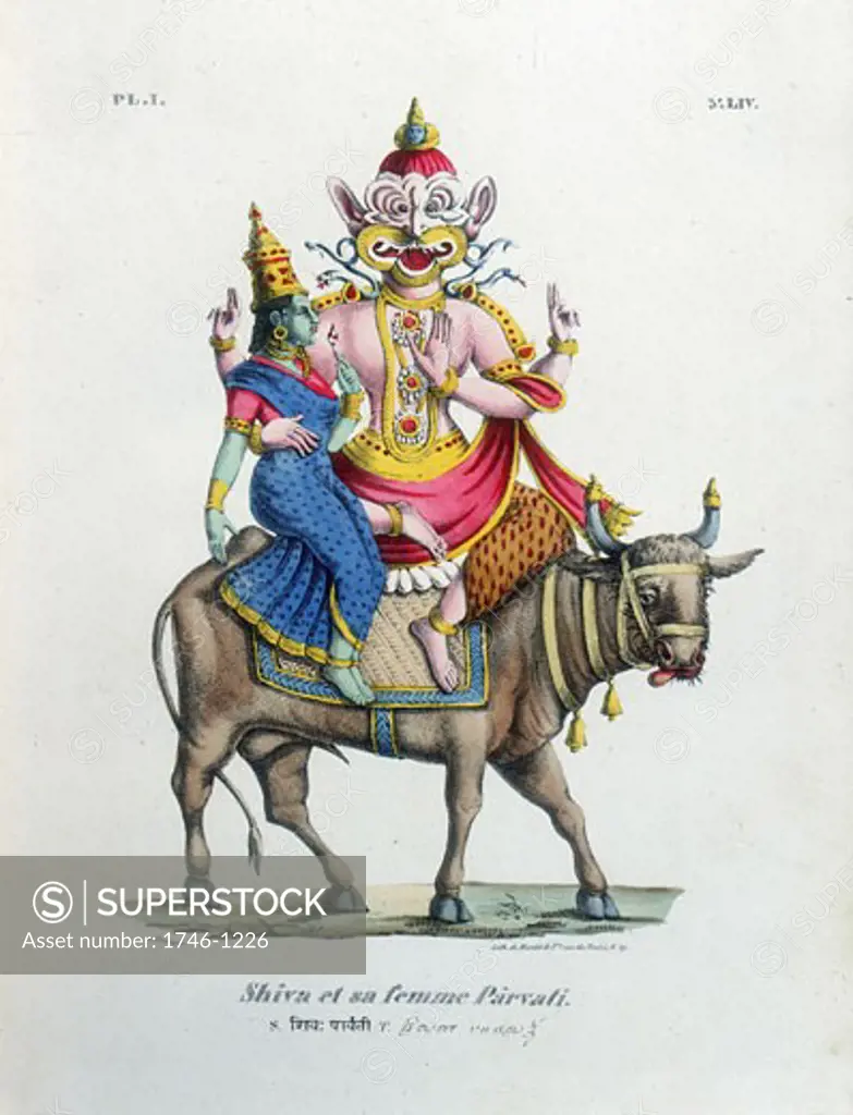 SHIVA one of the gods of the Hindu trinity (trimurti) with his consort Parvati. Lithograph from L'Inde Francaise, 1828