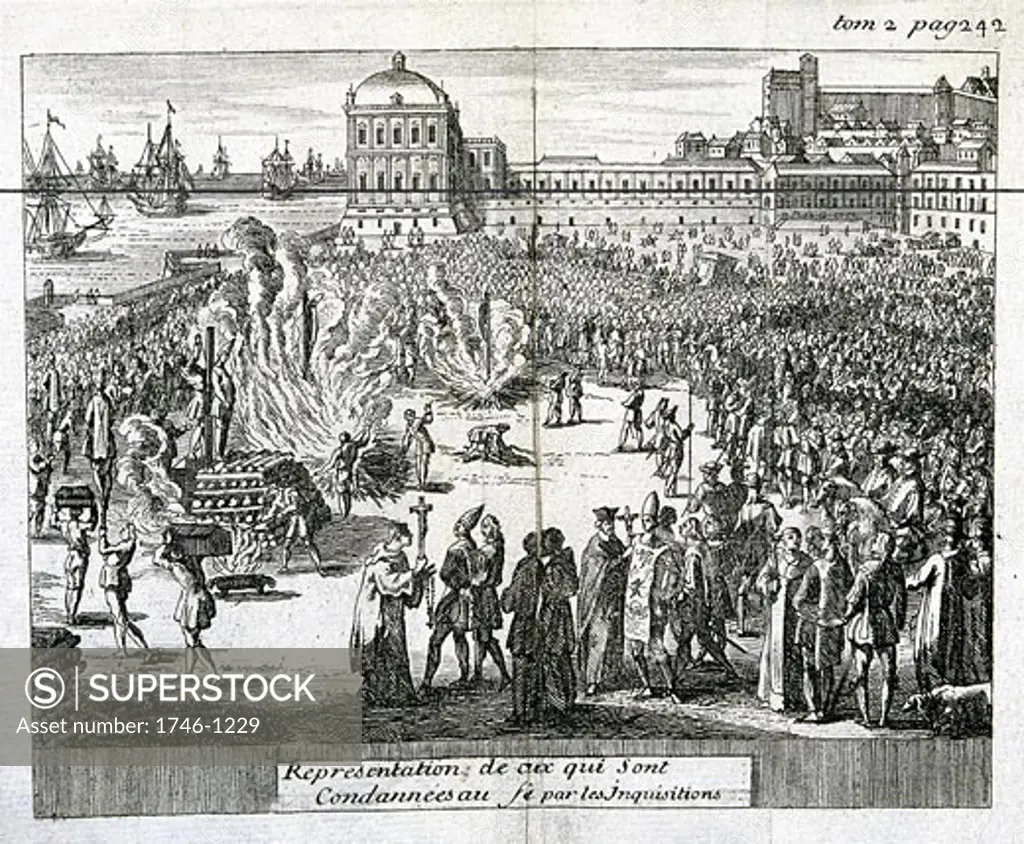 Burning of heretics sentenced by the Inquisition. Copperplate engraving published Cologne, 1759. Private collection