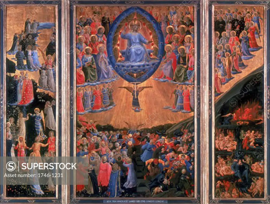 'The Last Judgement'. Heaven, left, Hell, right. Christ sits in judgement in central panel. Fra Angelico (ca. 1400-1455 Italian) Staatliche Museum, Berlin