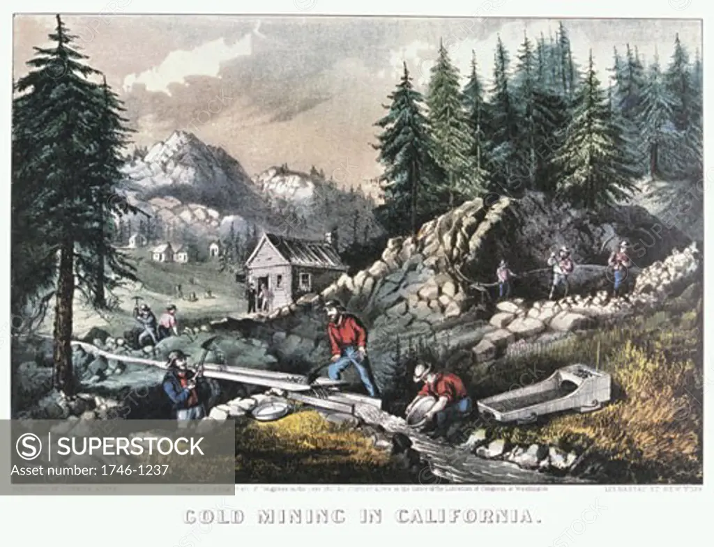 Gold Mining in California. Scenes of the 1849 Californian Gold Rush showing cradling, panning, washing with a 'long tom' and hydraulic mining. Coloured lithograph by Currier and Ives 1871 