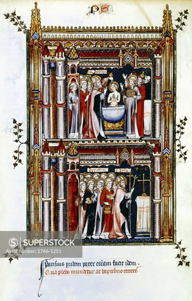 The Life of St. Denis (Denys or Dionysius) written by a monk of the Abbey of St Denis. St Denis consecrates a church in Paris and baptises new Christians. Apostle ot the Gauls and patron saint of France. Manuscript, Bibliotheque Nationale, Paris.
