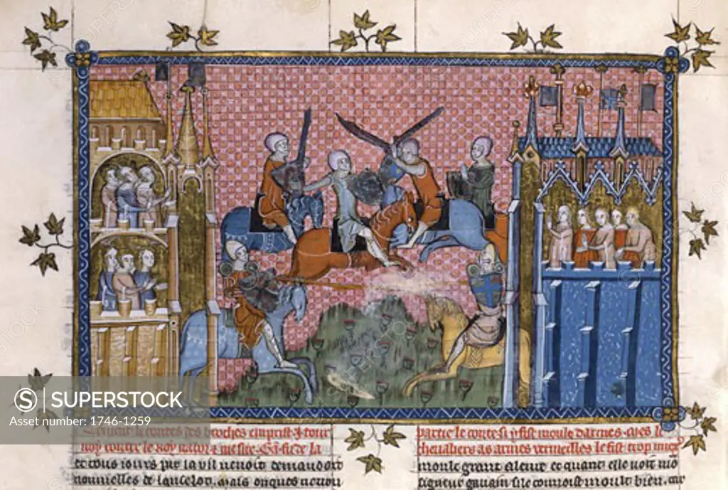 Gautier (1344): Romance of Lancelot of the Lake: Count des Broches in combat with King Nabor and Sir Gawain. Manscript, B.N., Paris