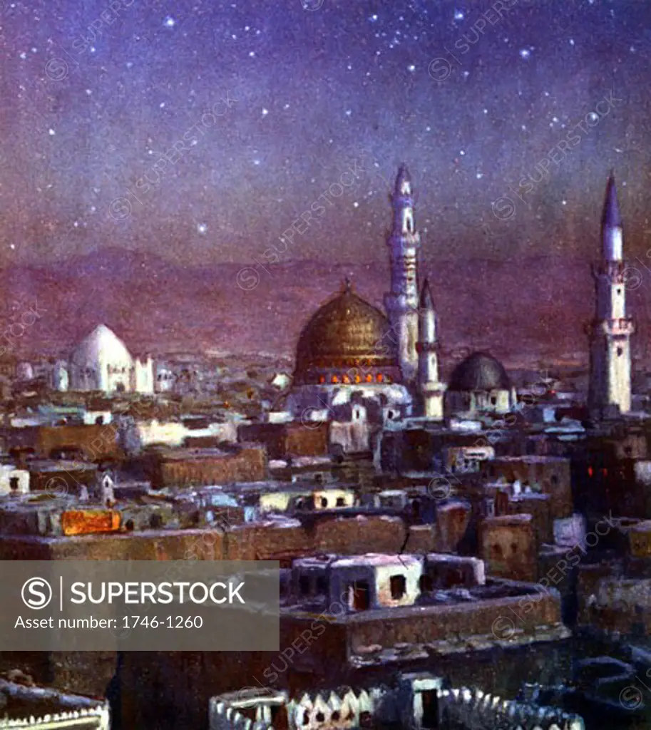View Medina by moonlight, showing Dome of the Tomb of the Prophet Illustration From "La Vie de Mohammed, Prophete d'Allah" Etienne Dinet (1861-1929 French)