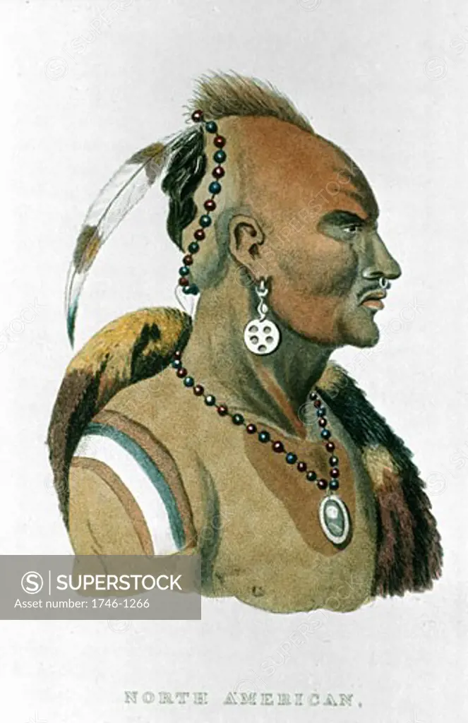 Sewessissing, Chief of the IOWA Indians. From Cuvier 'The Animal Kingdom', London,1837. Hand-coloured engraving