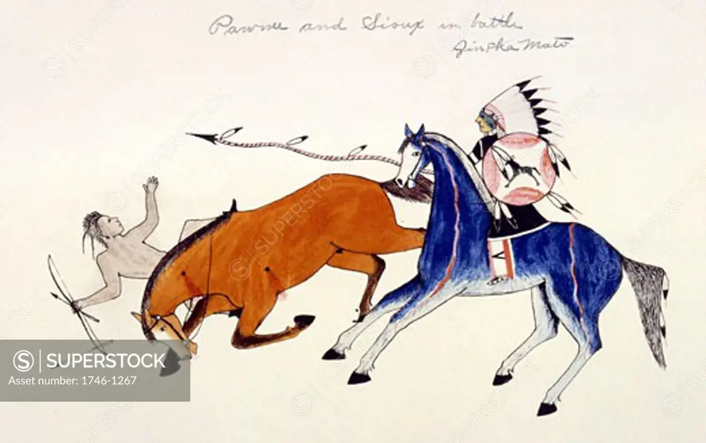 Unhorsing of PAWNEE warrior by the spear of SIOUX warrior Zintka Mato (Dog Bear). Painting on cloth by Kills Two, Sioux Indian (1869-1727)