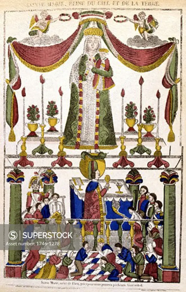 Virgin Mary as Queen of Heaven (top); Priest celebrating Mass (Eucharist. Communion) at bottom. French 19th century coloured woodcut  