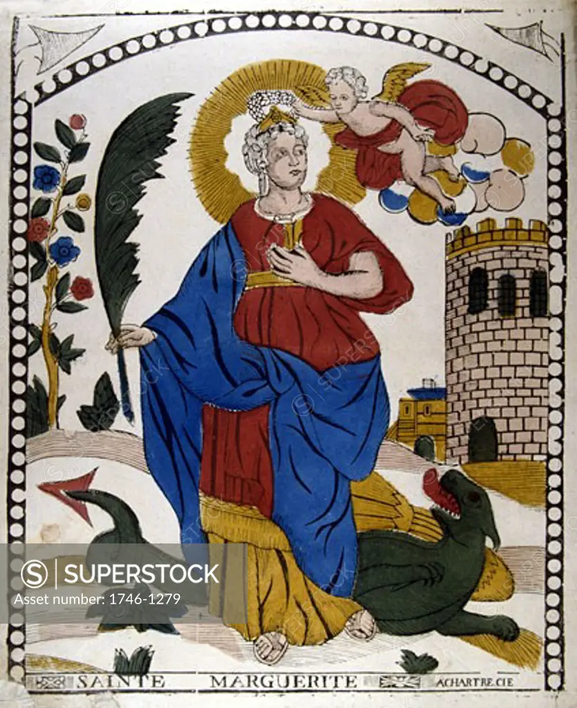 St. Margaret of Antioch (Greek - St Marina) 3rd century virgin martyr, standing on Devil in form of dragon. 19th century French coloured woodcut