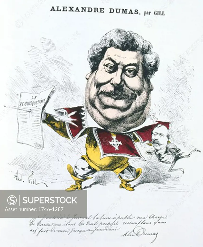 Alexandre Dumas the Elder (1802-1870) French novelist and playwright Cartoon by Andre Gill, 1866, showing Dumas dressed as a Musketeer. "The Three Musketeers" his great novel of 1845