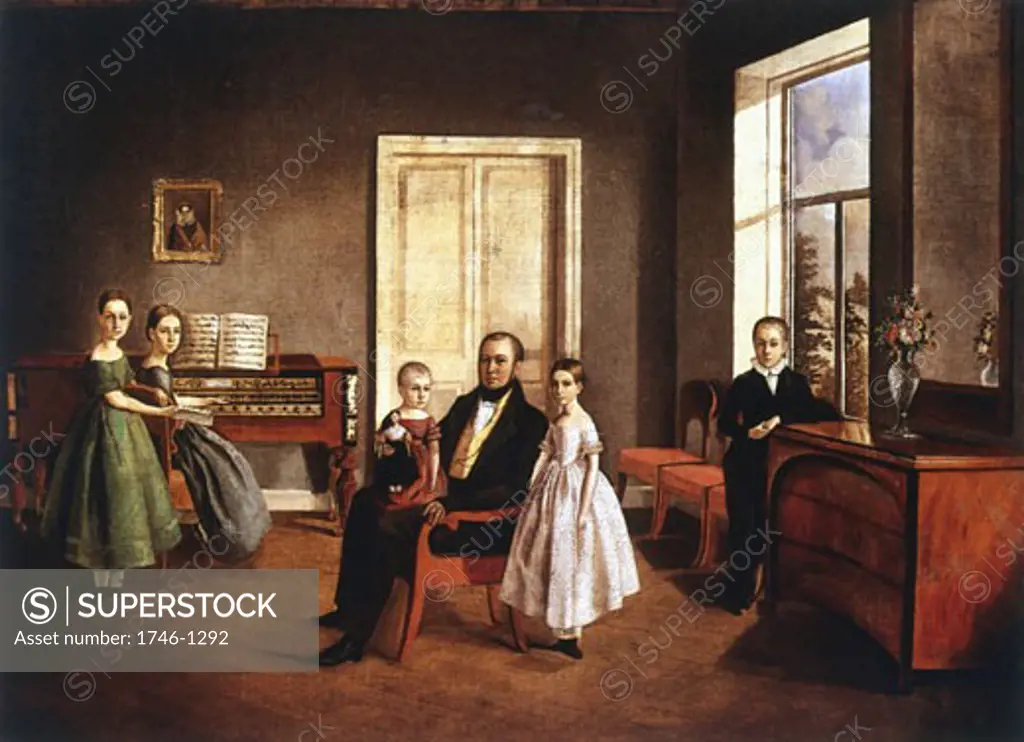 Portrait of a family in an interior. Father central. Mother At square piano. Son stands apart., c.1840, Anonymous, Oil on canvas, Russian Museum, St Petersburg
