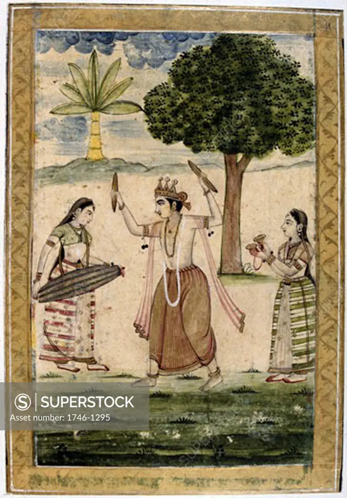 19th century Indian miniature, Rajasthan School. Album of Ragamala. Megha Raga (rainy season) : Krishna dances to playing of young women to call down the rain.