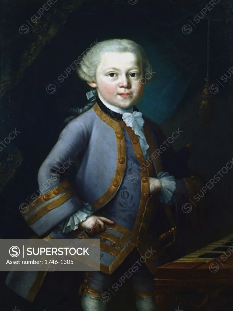 Wolfgang Amadeus MOZART (1756-91) Austrian composer. Mozart aged 7, in gala dress, standing by keyboard. Anonymous. Mozarteum, Salzburg