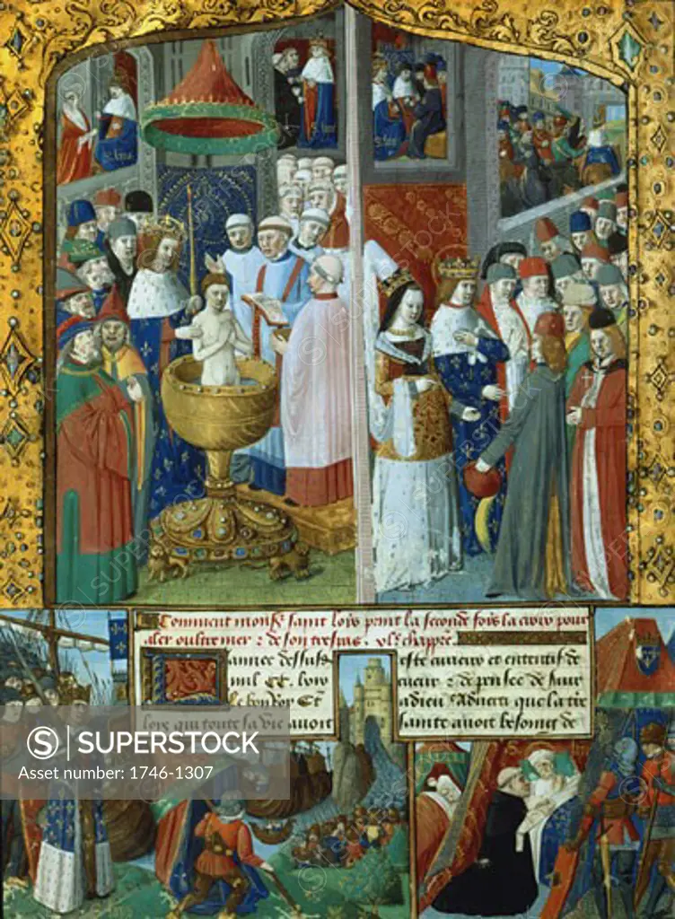 St. Louis (Louis IX of France) and Marguerite of Provence leave for Crusade. Jew Baptised in presence of Louis. Landing at Carthage. Death of Louis from plague at Tunis, 1270. Book of St Louis. French 15th century manuscript. Bibliotheque Nationale, Paris.