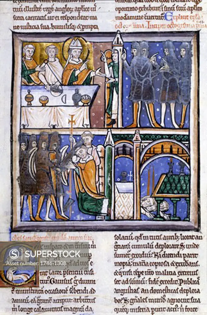 Thomas a Becket (1118-70), Archbishop of Canterbury, disputes with Henry II of England, overheard by 4 knights who murder Becket in Canterbury Cathedral. Manuscript c.1180, earliest representation. British Library