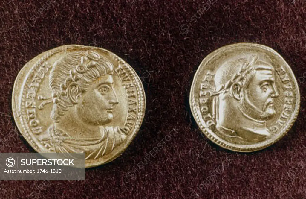 Gold coins showing heads of Roman emperors CONSTANTINE the Great  (c.274-337) and DIOCLETIAN (245-313)