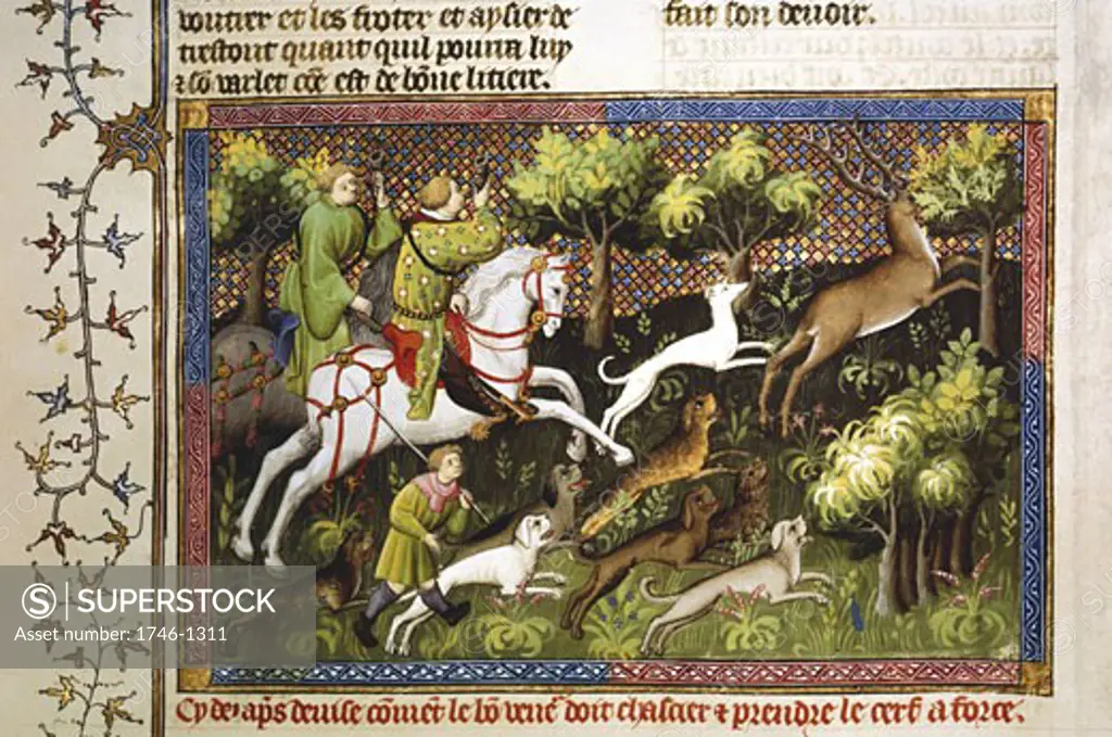 Le Livre de la Chasse (Book of the Hunt) of Gaston III Phoebus (1331-91), Comte de Foix. The deer hunt. 15th century manuscript. B.N., Paris