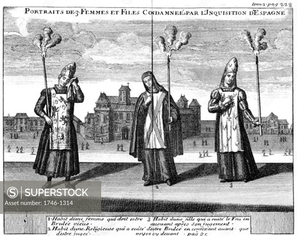 Three women condemned by the Inquisition. Copperplate engraving, Cologne, 1759