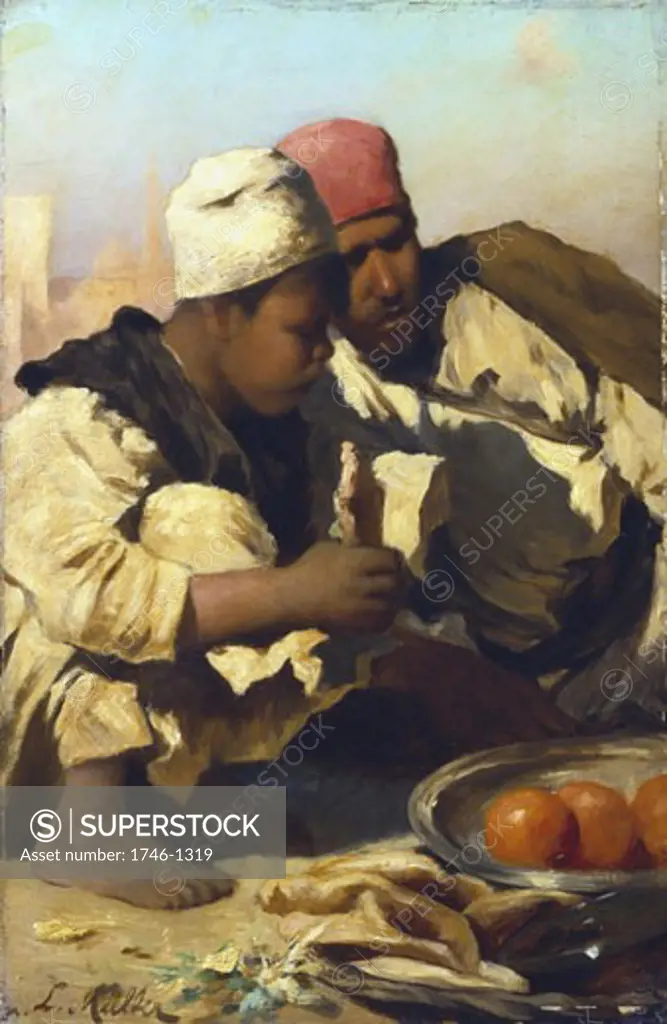 Arabs seated in a Cairo market, Leopold Carl Muller, (1834-1892/Austrian) , Oil on wood