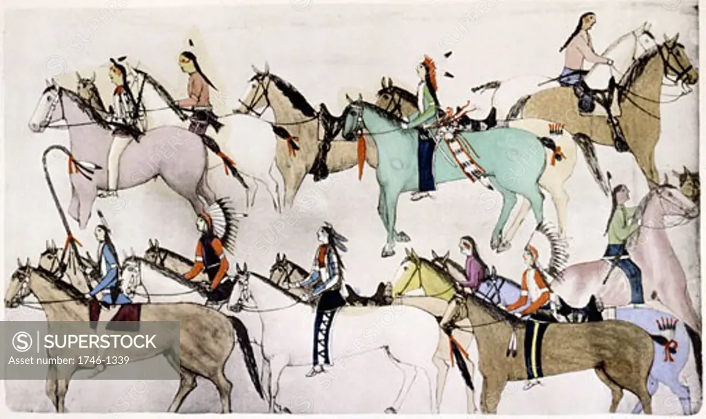 Sioux warriors leading away captured horses after defeating Custer's troops. Painting c. 1900 by Amos Bad Heart Buffalo