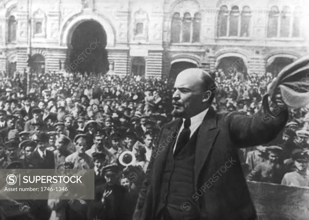 Vladimir Lenin, (1870-1924), addressing a crowd in Red Square, Moscow, Russia, October 1917, Russian Revolution