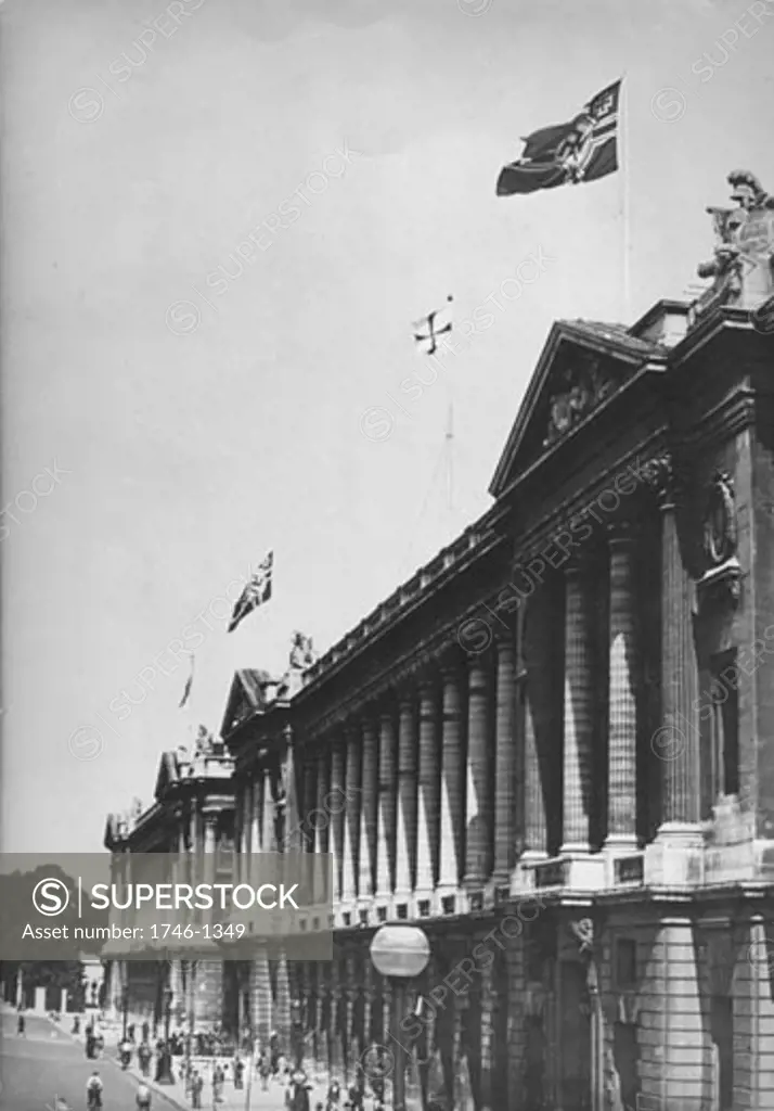 The Nazi flag flying over the Ministry of the Marine building during the German occupation, Place de la Concorde, Paris, France, July 1940, World War II