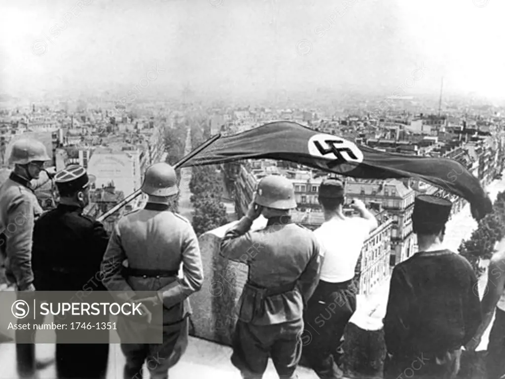 German flag flying from the Arc de Triomphe during the German occupation of Paris, June 1940, World War II