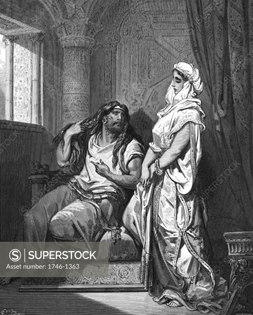 'Delilah the Philistine, learns from her lover, Samson the Israelite, that the secret of his great strength lies in his long hair.Judges. Illustration by Gustave Dore (1832-1883) French painter and illustrator for ''The Bible'' (London 1866). Wood engraving.' 