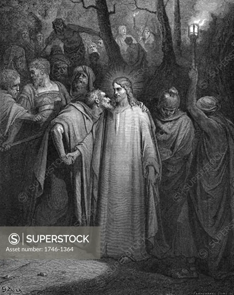 Judas betraying Christ with a kiss. Matthew 26.9. Illustration by Gustave Dore (1832-1883) French painter and illustrator for "The Bible" (London 1866). Wood engraving.