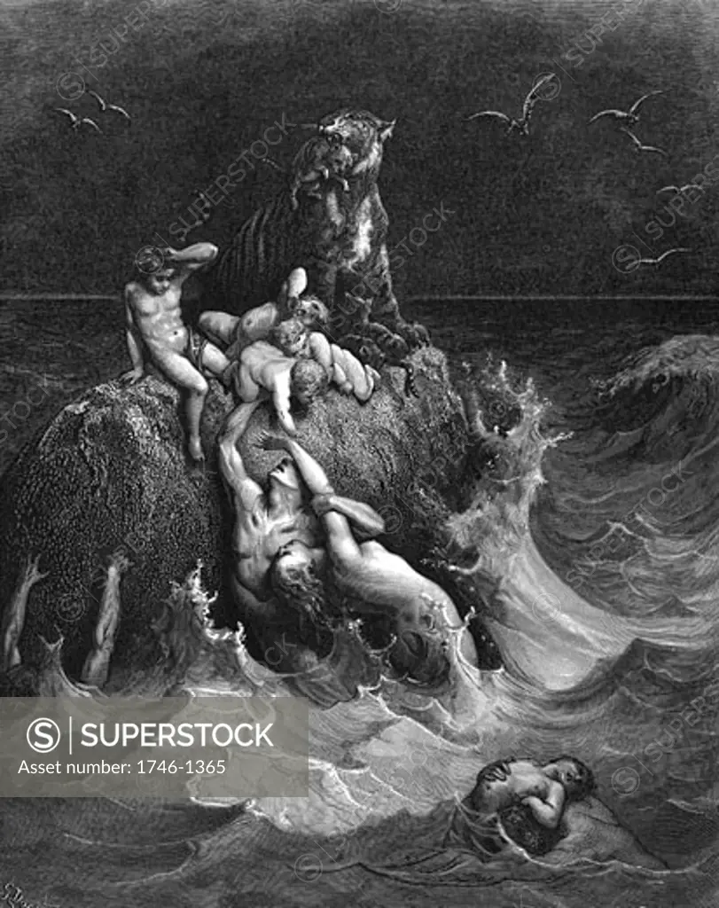  'The Deluge'  "And all flesh died that moved upon the earth...."   Genesis 7.22.  Illustration by Gustave Dore French painter and illustrator for "The Bible" (London 1866). Wood engraving.