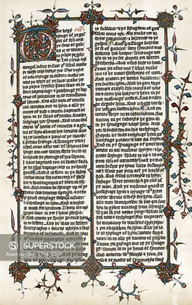 Page from Wycliffe's translation of the Bible into English c1400. The bygynynge of ye gospel of Jesus Christ ye sone of God St Mark's gospel. John Wycliffe (c1329-84) English religious reformer. After Egerton manuscript