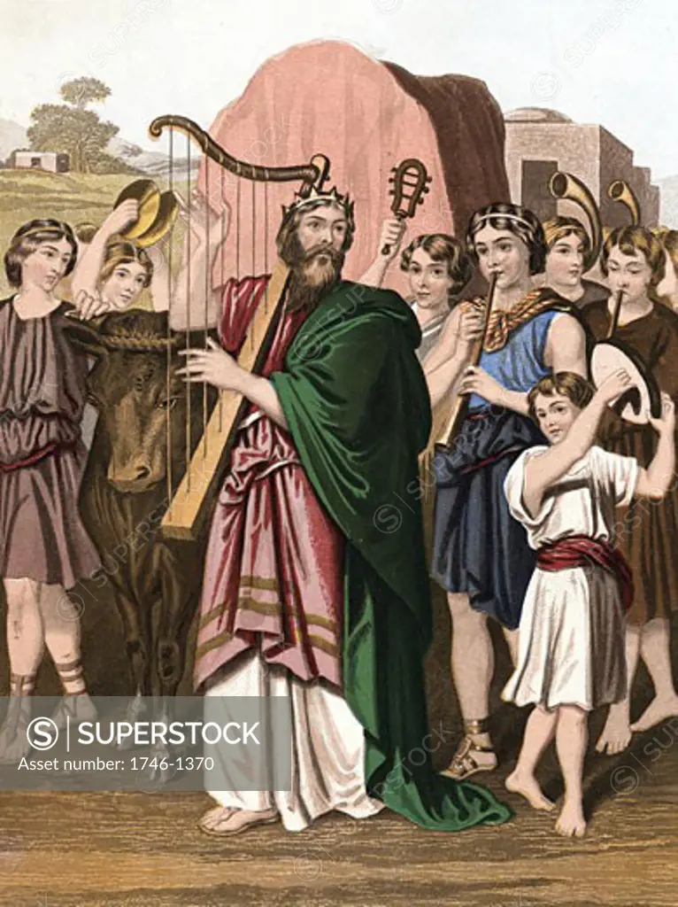 King David playing before the Ark "Bible" II Samuel 6.  Mid-19th century chromolithograph. Colour.