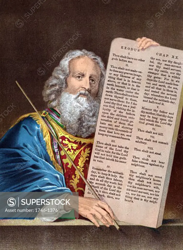 Moses, after 40 days absence, comes down from the mountain with the Ten Commandments.  Bible: Exodus 34.  Chromolithograph c1860