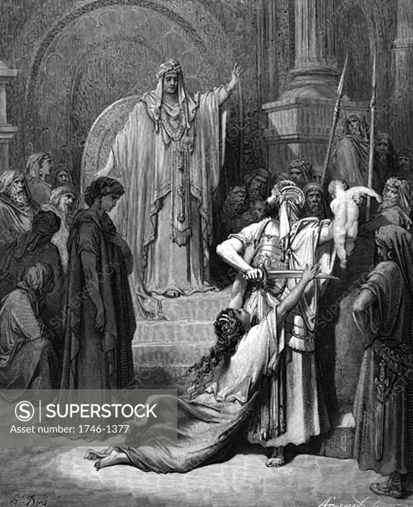 Judgement of Solomon.  I Kings 3:25. From Gustave Dore's illustrated "Bible", 1865-6. Wood engraving