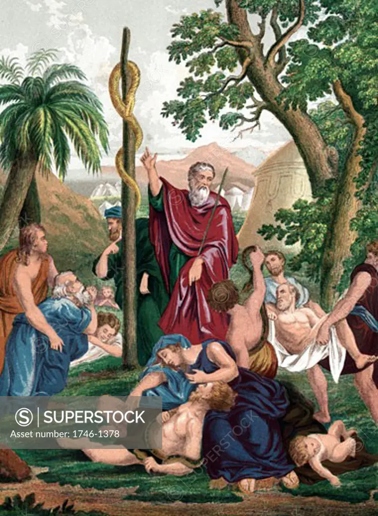 Moses,instructs Israelites to look on brazen serpent he has made and they will be cured of their snake bites.  "Bible" Numbers 21.  Chromolithograph c1860  