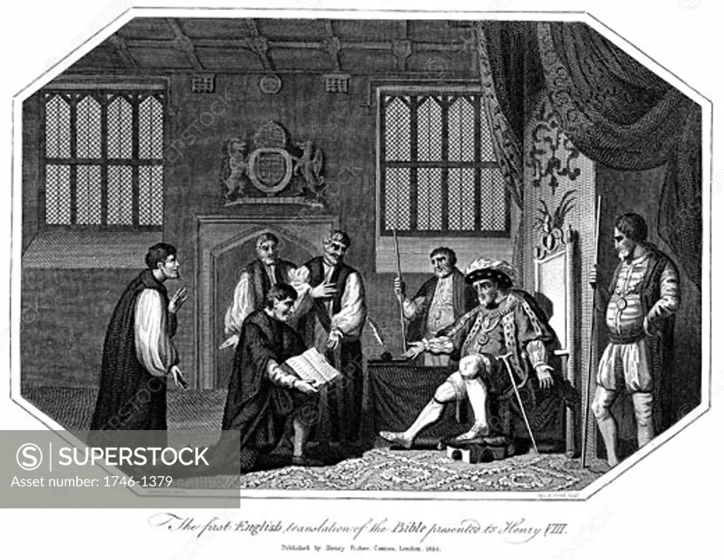 Henry VIII (1491-1547) king of England from 1509 being presented with the first authorised edition of The Bible in English, Cranmer's Bible, 1540, Copperplate engraving 1824