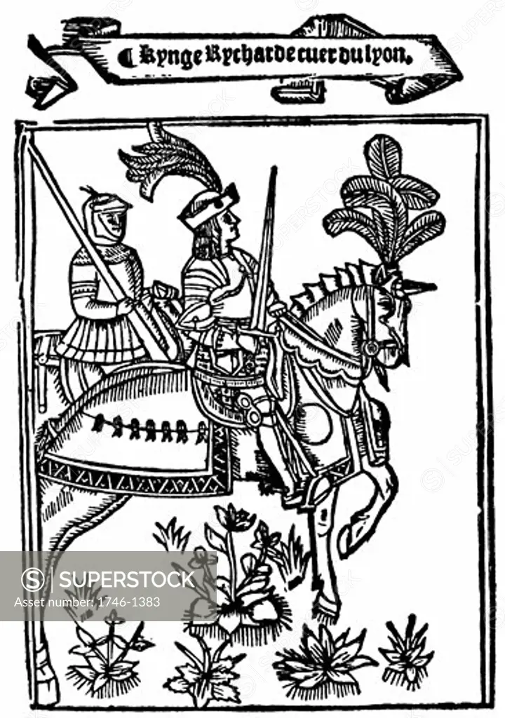 Richard I (1157-99) Coeur de Lion (Lionheart), king of England from 1189, From metrical romance Richard Coeur de Lion printed by Wynkyn de Worde (dc1535), London, 1528, Woodcut showing Richard in armour mounted on caparisoned horse,